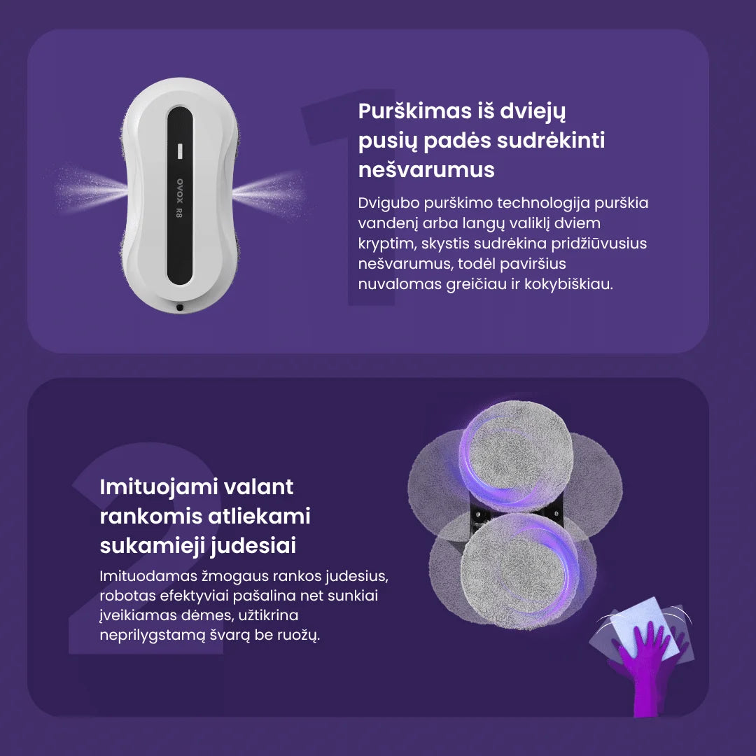 Langų valymo robotas su dvipuse purškimo sistema ,,OVOX R8″ (2025 m. modelis)